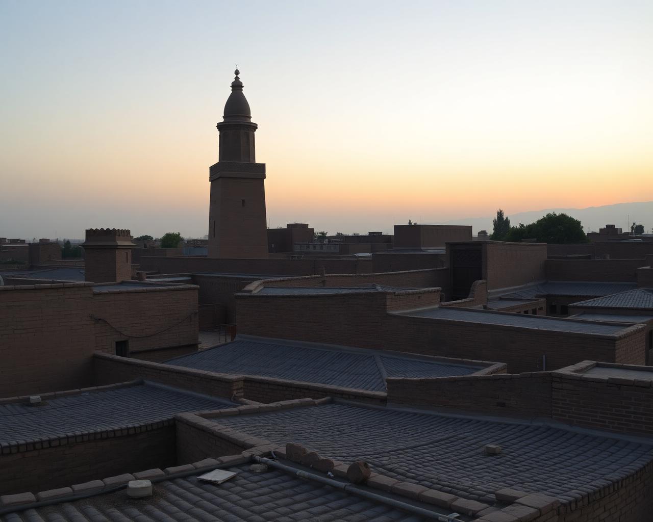 Rooftops of the walled city of Khiva at dawn