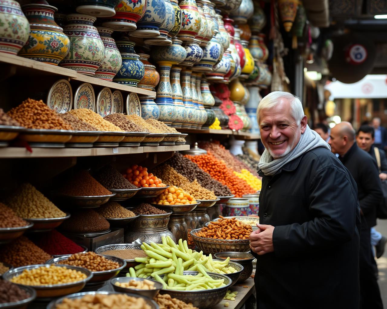 Spice and ceramics stall in an Uzbek bazaar