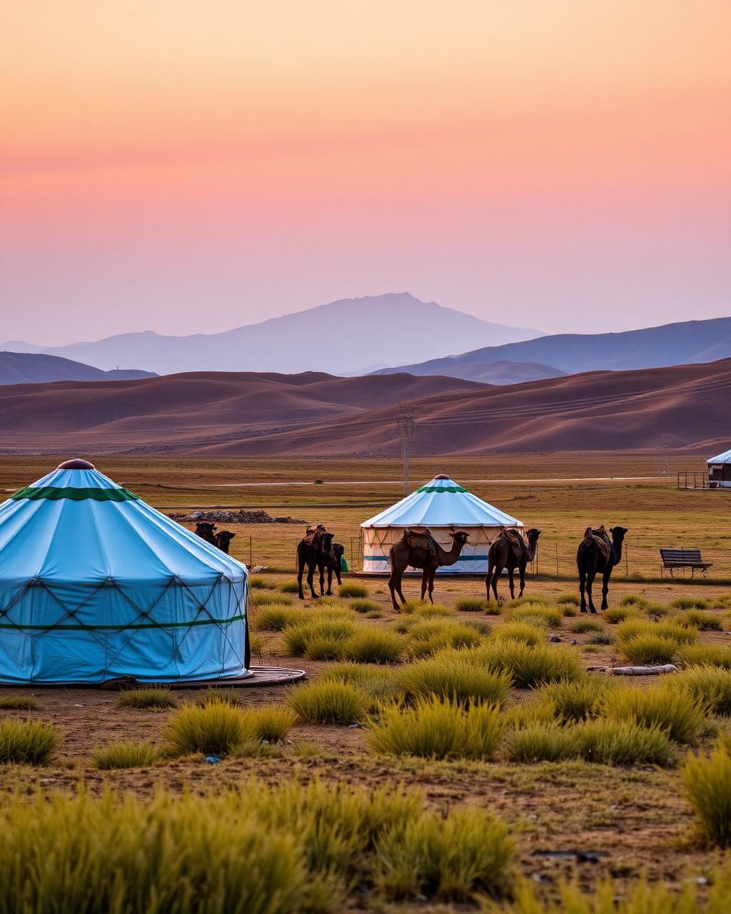 Yurt camp and camels in the Kyzylkum desert